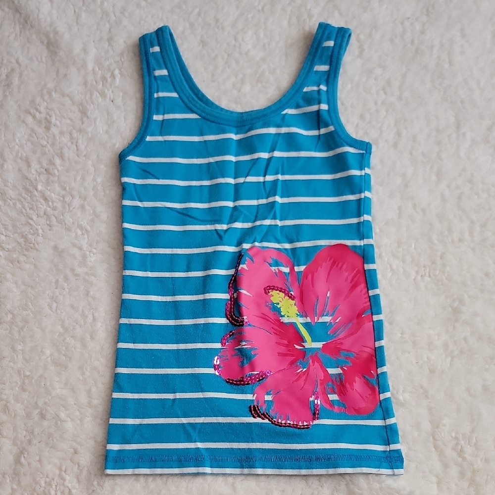 Cherokee S Blue White Striped Tank Top with Pink Hibiscus Flower